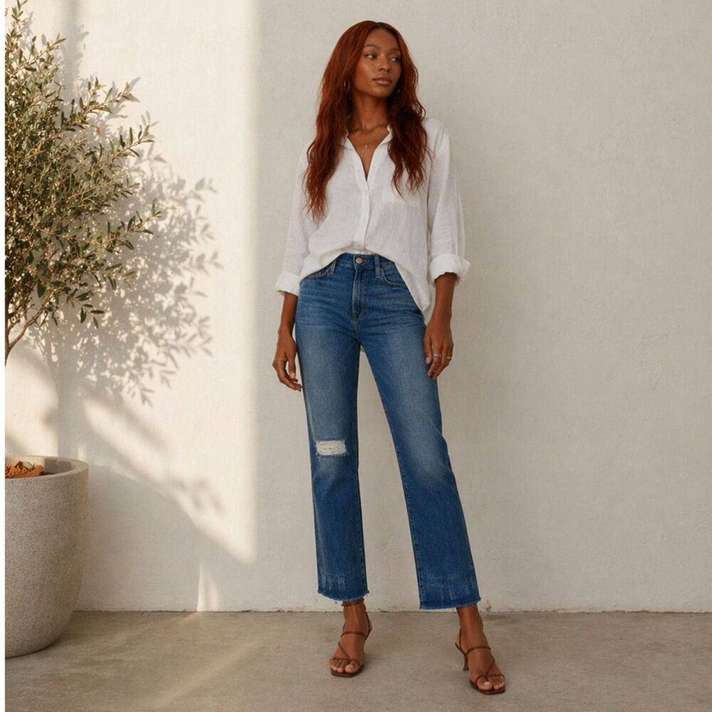 FRAME Le High Straight Jeans  Size 28  Distressed  Medium Blue Denim Cropped